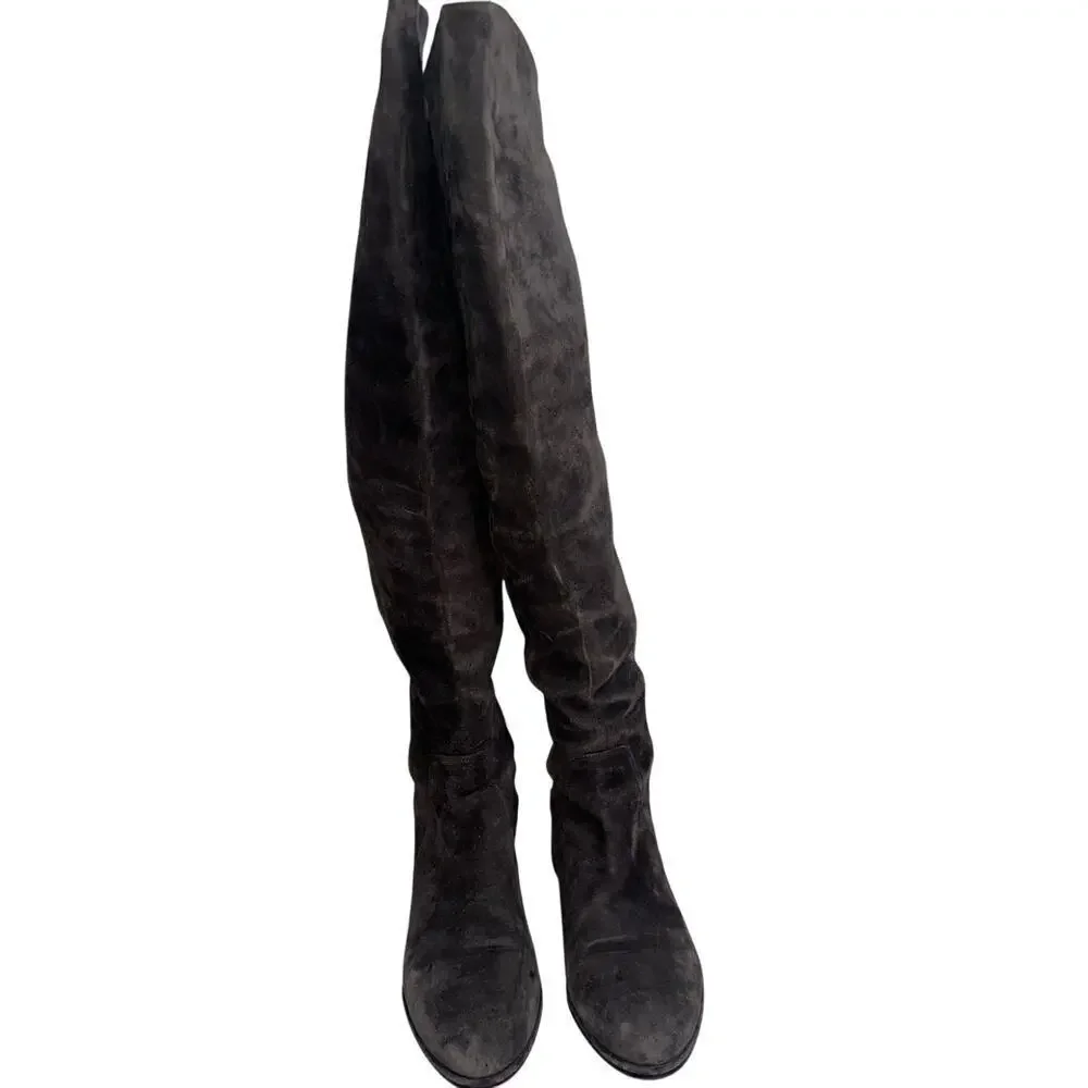 Stuart Weitzman 5050 Over-The-Knee Boots Dark Gray Size 6.5M Leather/Stretch